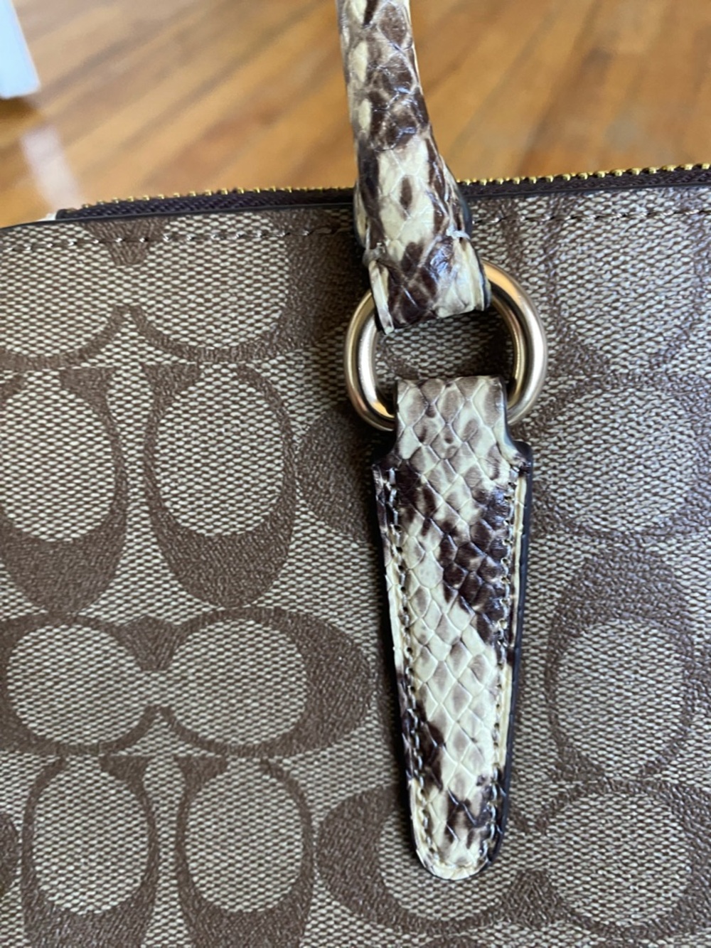 Coach Brown Signature Canvas Satchel with Snake-Print Handles and Gold Hardware - Picture 12 of 12
